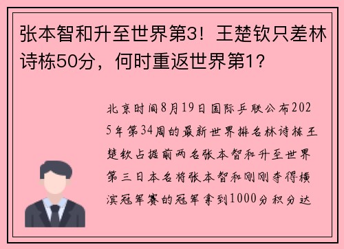 张本智和升至世界第3！王楚钦只差林诗栋50分，何时重返世界第1？
